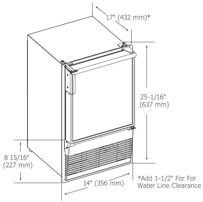 U-Line 14" Crescent Ice Maker Dimensions - 230V