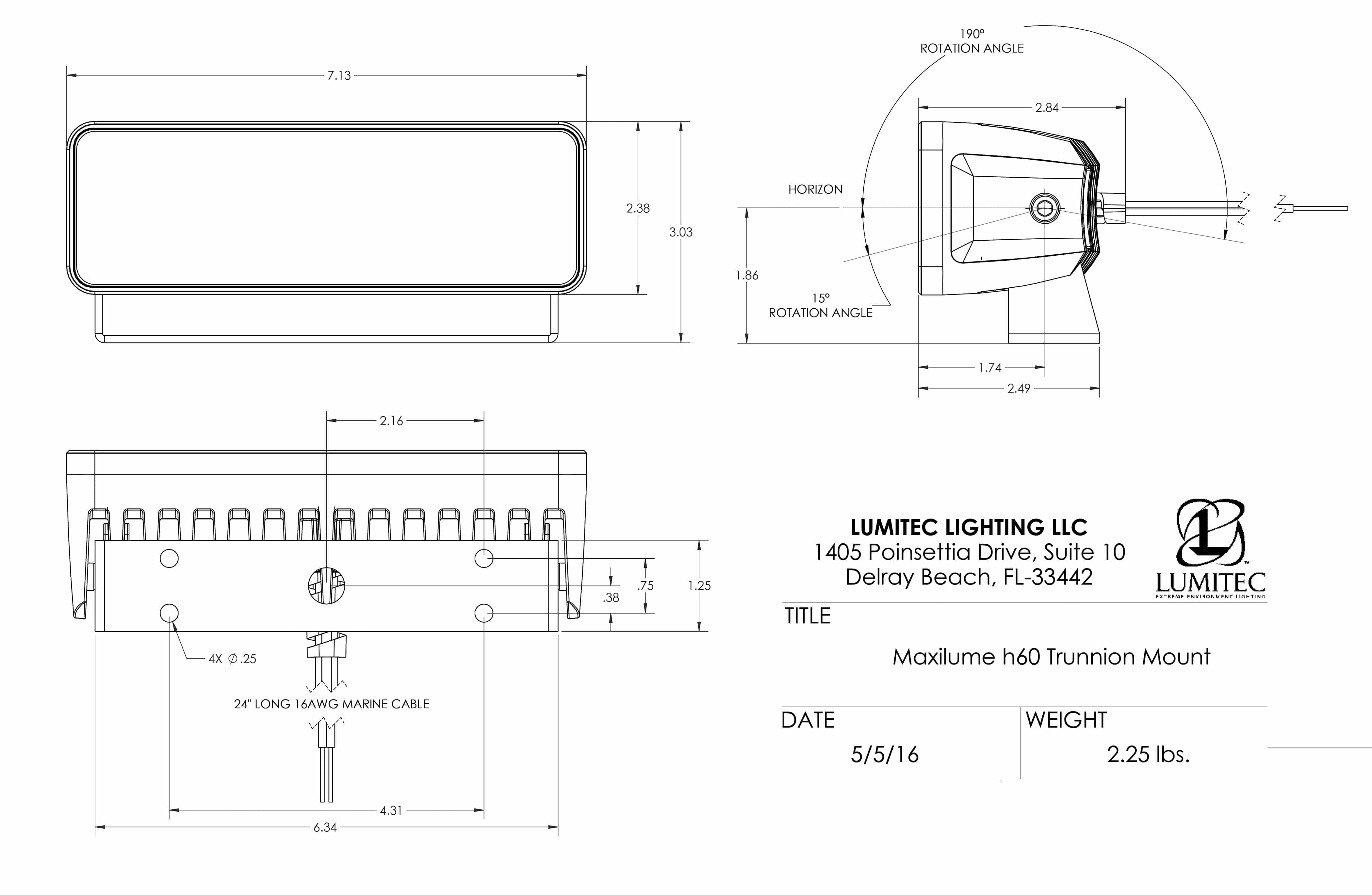 LUMITEC Maxillume h60 - Trunnion Mount LED Flood Light drawing