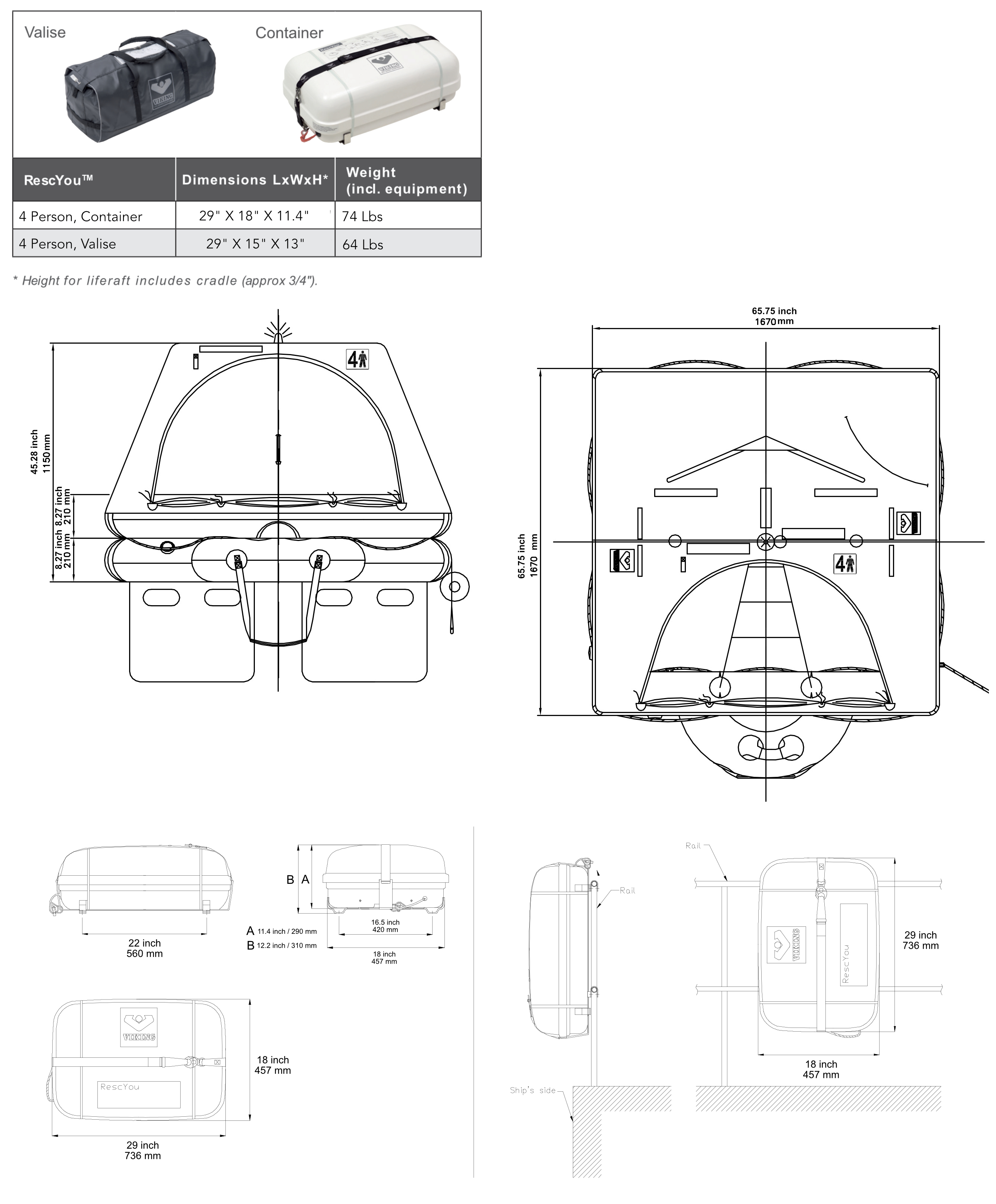 VIKING Rescyou 4 PErson Liferaft Dimensions